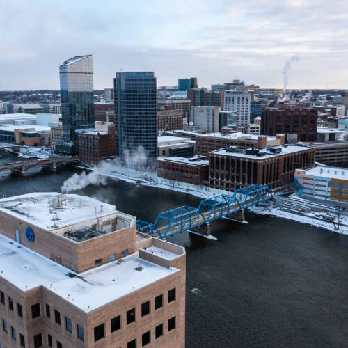 Grand Rapids Blue Bridge and surrounding GVSU City Campus in winter